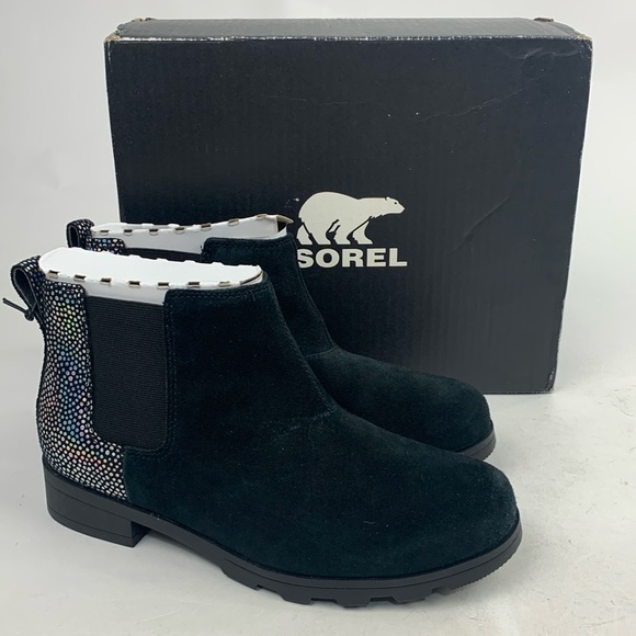 Sorel Youth Emelie Chelsea Black Sea salt boots booties waterproof Sz 5 New - Picture 1 of 15